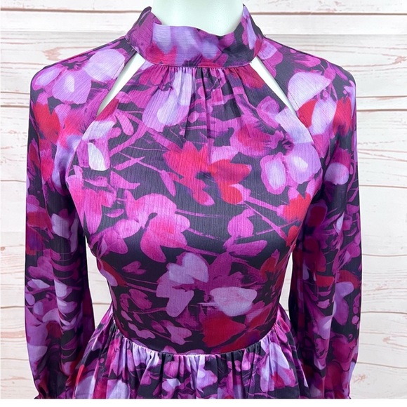 NWT Ted Baker Sammieh Purple Floral Long Sleeve High Neck Flare Mini Dress sz 0 - Picture 5 of 8